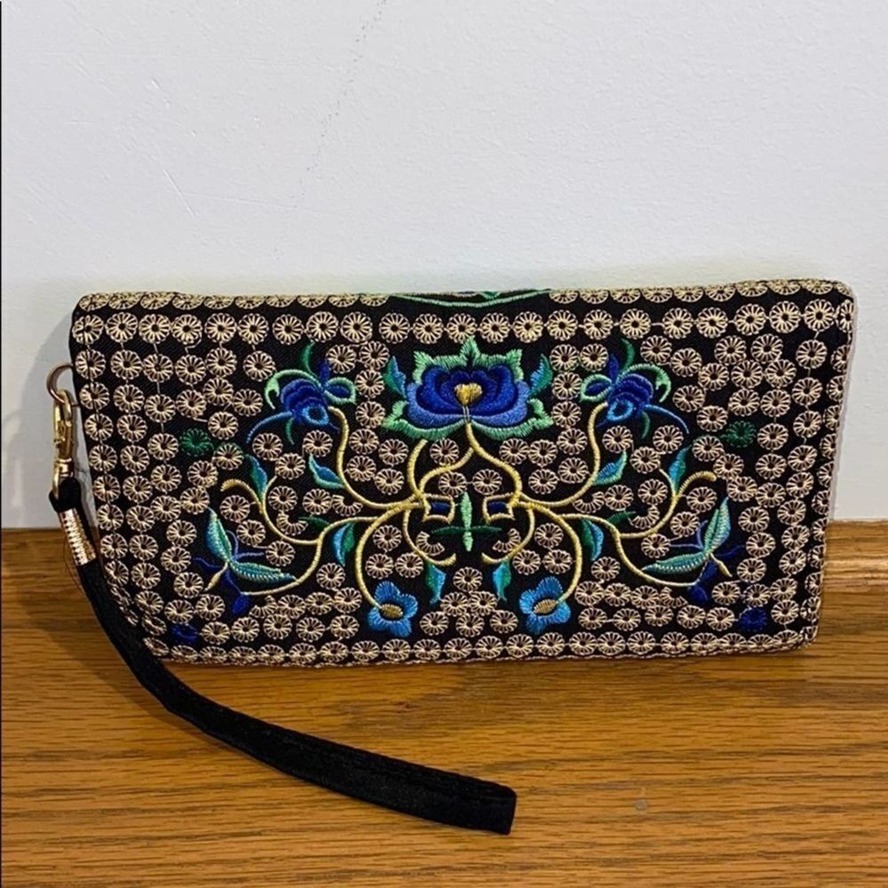 Purse Wallet Floral Blue and Gold Embroidery - Picture 2 of 3